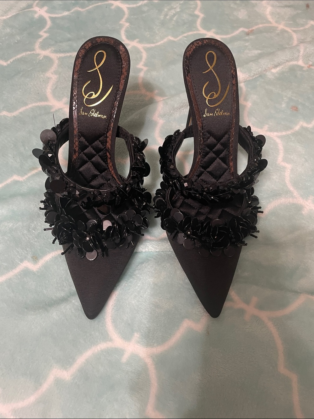 Sam Edelman Black Sequined Floral Pointed-Toe Mule